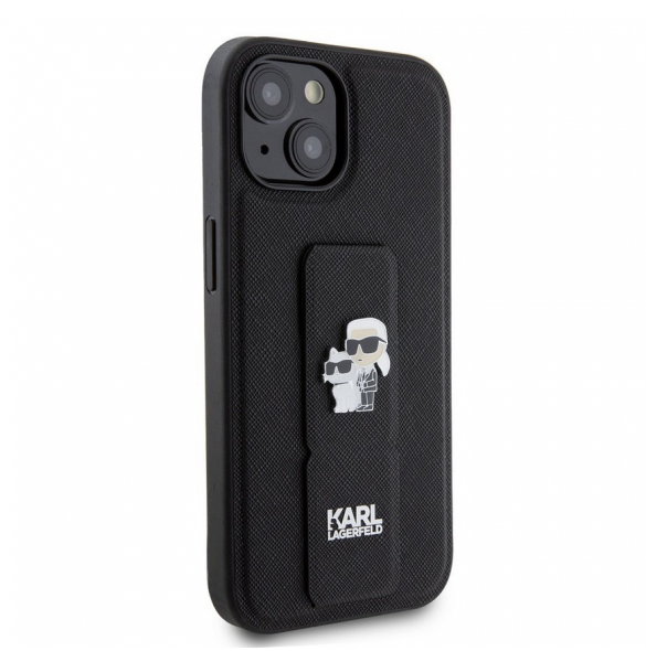 Iphone 15 Karl Lagerfeld - Gripställ Fodral Saffiano Med Metalllogo Karl Och Choupette - Svart