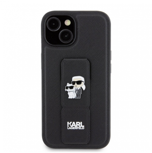 Iphone 15 Karl Lagerfeld - Gripställ Fodral Saffiano Med Metalllogo Karl Och Choupette - Svart