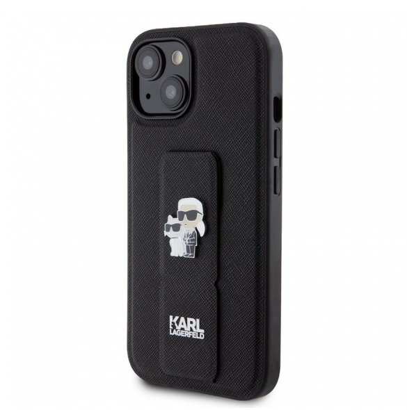 Iphone 15 Karl Lagerfeld - Gripställ Fodral Saffiano Med Metalllogo Karl Och Choupette - Svart