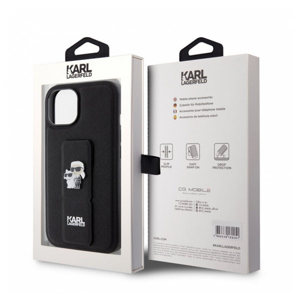 Iphone 15 Karl Lagerfeld - Gripställ Fodral Saffiano Med Metalllogo Karl Och Choupette - Svart