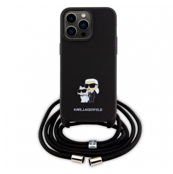 Karl Lagerfeld Saffiano Nylon Crossbody Metall Karl och Choupette Fodral för iPhone 15 Pro Max Svart