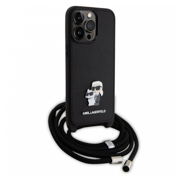 Karl Lagerfeld Saffiano Nylon Crossbody Metall Karl och Choupette Fodral för iPhone 15 Pro Max Svart