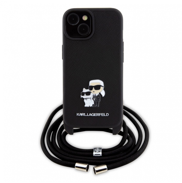 Karl Lagerfeld Saffiano Nylon Crossbody Metall Karl och Choupette Fodral till iPhone 15 Svart