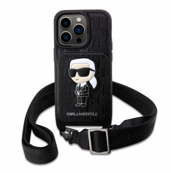 Karl Lagerfeld Saffiano Monogram Crossbody Ikonik NFT-fodral för iPhone 14 Pro Svart
