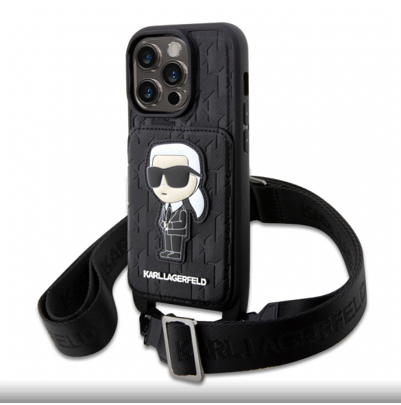 Karl Lagerfeld Saffiano Monogram Crossbody Ikonik NFT-fodral för iPhone 14 Pro Svart