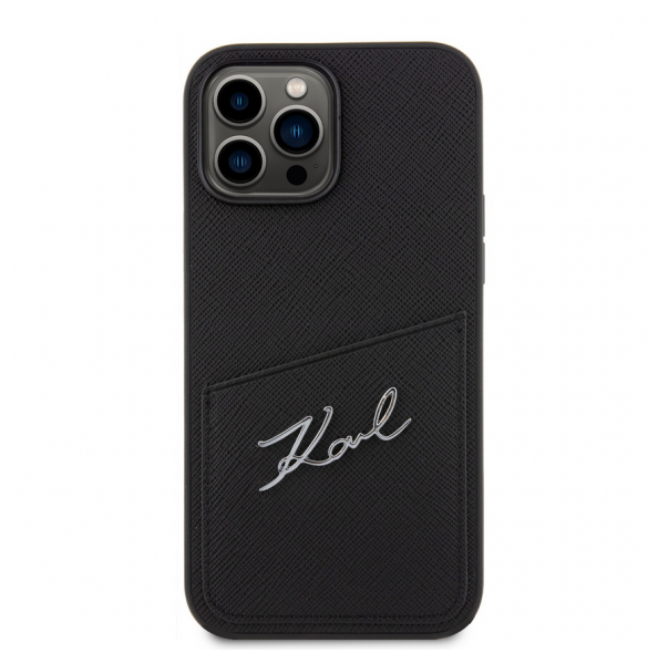 Karl Lagerfeld Saffiano Card Slot Metal Signature Case för iPhone 14 Pro Max Svart