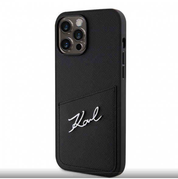 Karl Lagerfeld Saffiano Card Slot Metal Signature Case för iPhone 14 Pro Max Svart