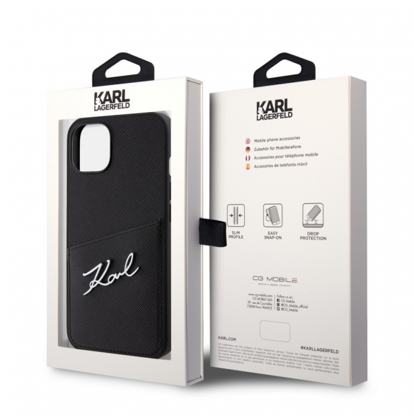 Karl Lagerfeld Saffiano Card Slot Metal Signaturfodral för iPhone 14 Svart