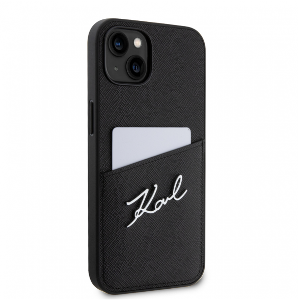 Karl Lagerfeld Saffiano Card Slot Metal Signaturfodral för iPhone 14 Svart