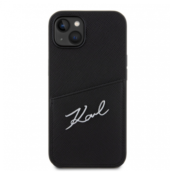 Karl Lagerfeld Saffiano Card Slot Metal Signaturfodral för iPhone 14 Svart