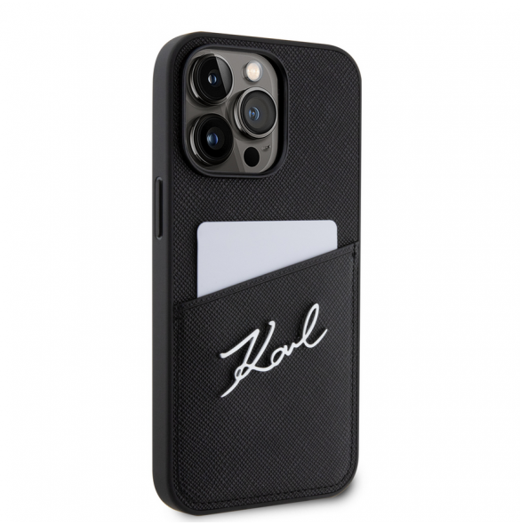 Karl Lagerfeld Saffiano Card Slot Metal Signature Case för iPhone 13 Pro Svart