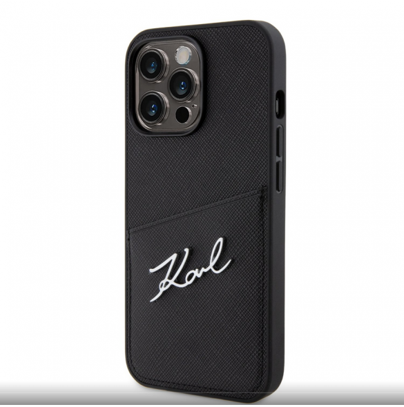 Karl Lagerfeld Saffiano Card Slot Metal Signature Case för iPhone 13 Pro Svart