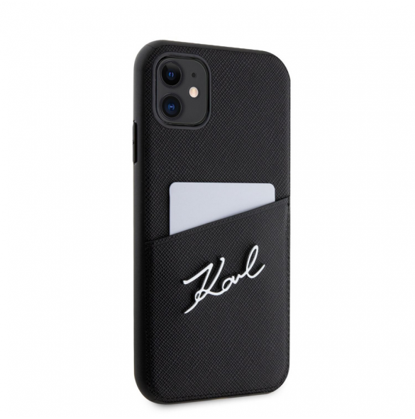 Karl Lagerfeld Saffiano Card Slot Metal Signaturfodral för iPhone 11 Svart