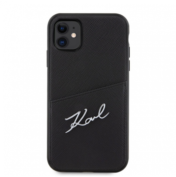 Karl Lagerfeld Saffiano Card Slot Metal Signaturfodral för iPhone 11 Svart