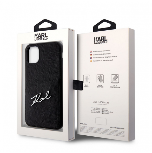 Karl Lagerfeld Saffiano Card Slot Metal Signaturfodral för iPhone 11 Svart