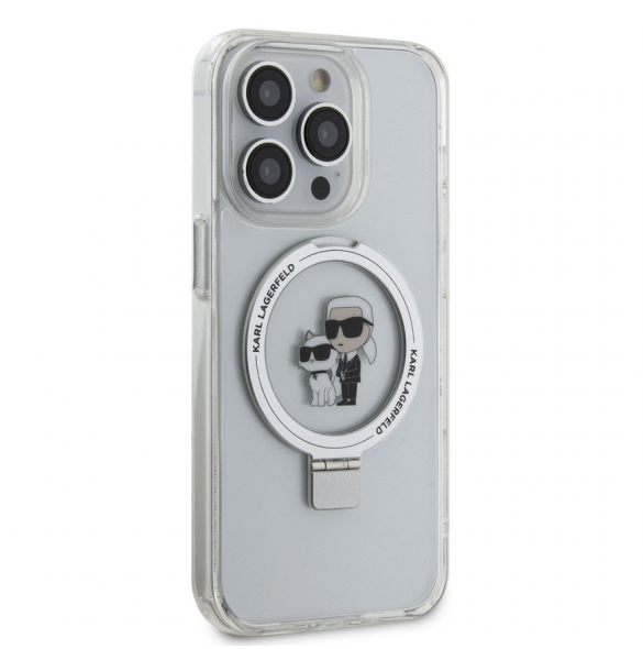 Karl Lagerfeld Ringställ Karl och Choupette MagSafe Fodral för iPhone 15 Pro Max Vit