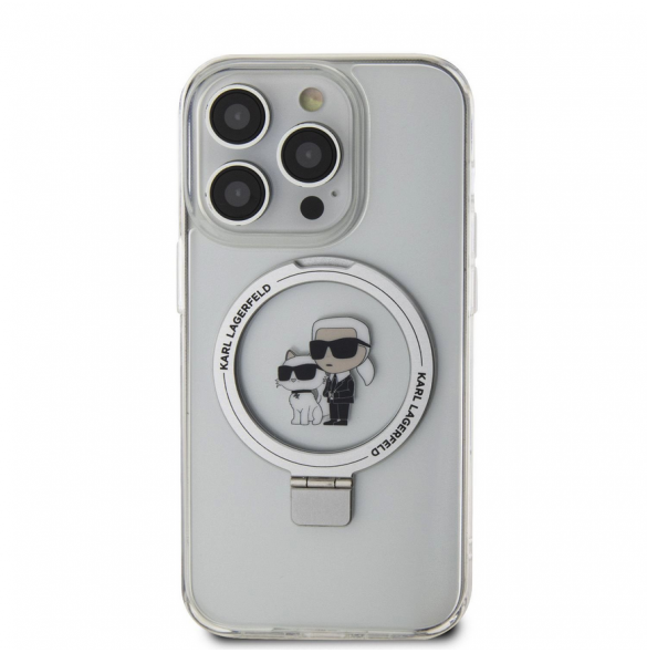 Karl Lagerfeld Ringställ Karl och Choupette MagSafe Fodral för iPhone 15 Pro Max Vit