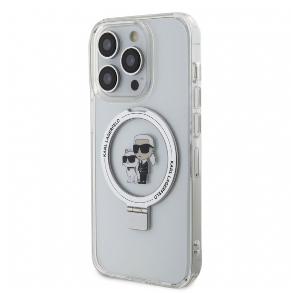 Karl Lagerfeld Ringställ Karl och Choupette MagSafe Fodral för iPhone 15 Pro Max Vit