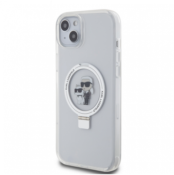 Karl Lagerfeld Ringställ Karl och Choupette MagSafe Fodral till iPhone 15 Plus Vit