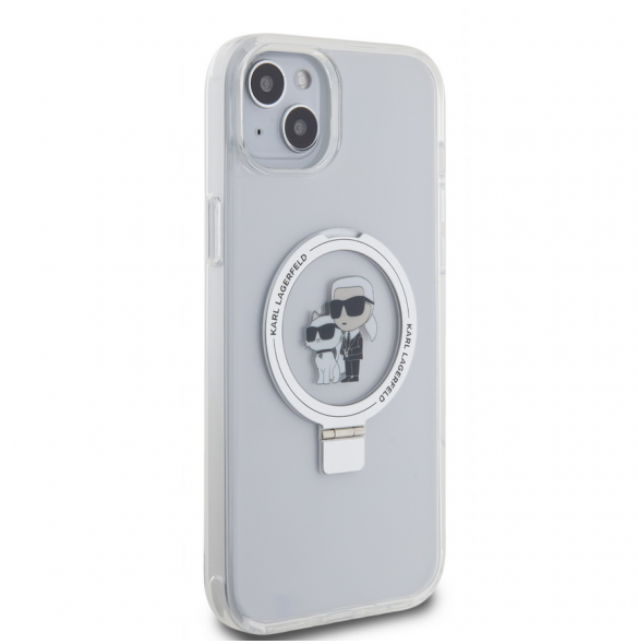Karl Lagerfeld Ringställ Karl och Choupette MagSafe Fodral till iPhone 15 Plus Vit