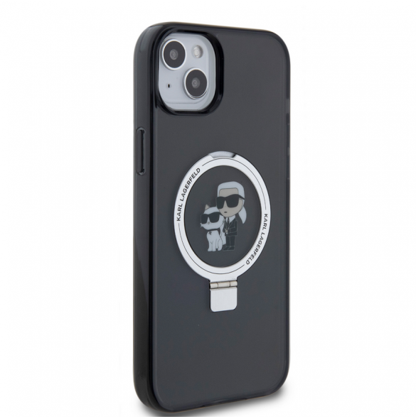 Karl Lagerfeld Ringställ Karl och Choupette MagSafe Fodral för iPhone 15 Plus Svart