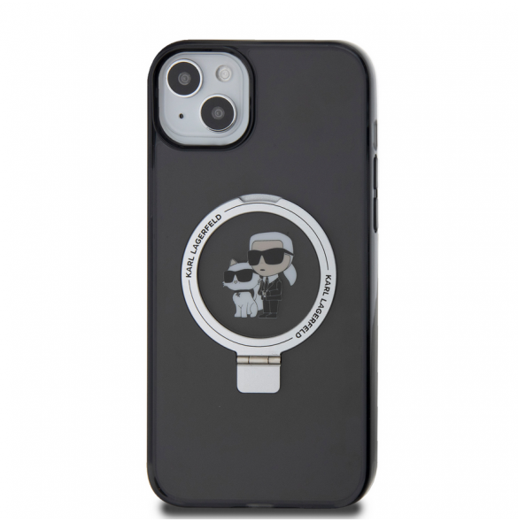 Karl Lagerfeld Ringställ Karl och Choupette MagSafe Fodral för iPhone 15 Plus Svart