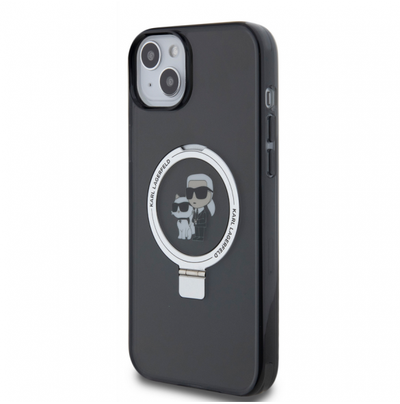 Karl Lagerfeld Ringställ Karl och Choupette MagSafe Fodral för iPhone 15 Plus Svart