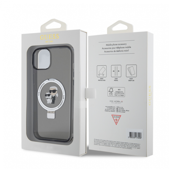 Karl Lagerfeld Ringställ Karl och Choupette MagSafe Fodral för iPhone 15 Plus Svart