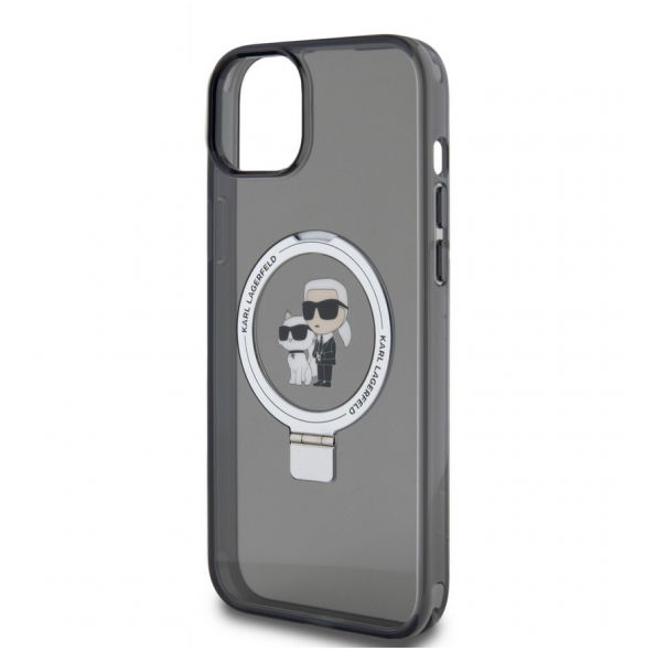 Karl Lagerfeld Ringställ Karl och Choupette MagSafe Fodral för iPhone 15 Plus Svart