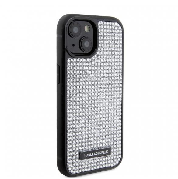 Karl Lagerfeld Rhinestone Plate Metall Logotypfodral för iPhone 15 Silver
