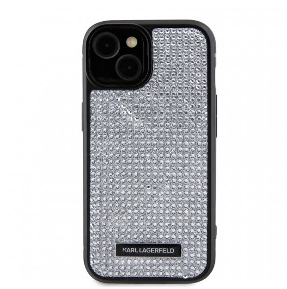 Karl Lagerfeld Rhinestone Plate Metall Logotypfodral för iPhone 15 Silver