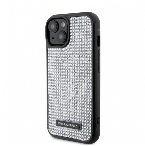 Karl Lagerfeld Rhinestone Plate Metall Logotypfodral för iPhone 15 Silver