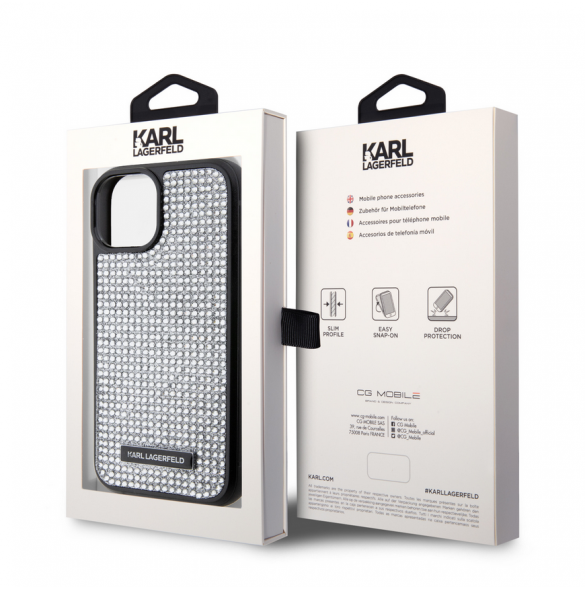 Karl Lagerfeld Rhinestone Plate Metall Logotypfodral för iPhone 15 Silver