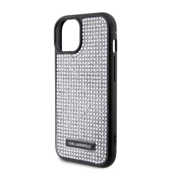 Karl Lagerfeld Rhinestone Plate Metall Logotypfodral för iPhone 15 Silver