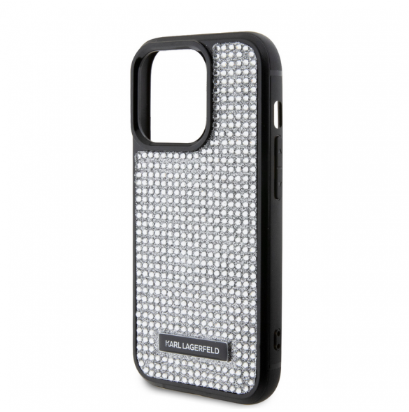 Karl Lagerfeld Rhinestone Plate Metall Logotypfodral till iPhone 15 Pro Silver
