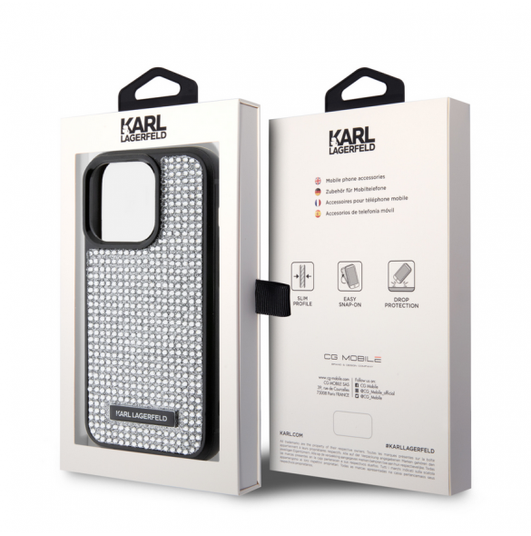 Karl Lagerfeld Rhinestone Plate Metall Logotypfodral till iPhone 15 Pro Silver