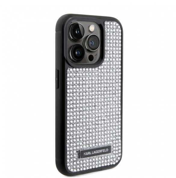 Karl Lagerfeld Rhinestone Plate Metall Logotypfodral till iPhone 15 Pro Silver