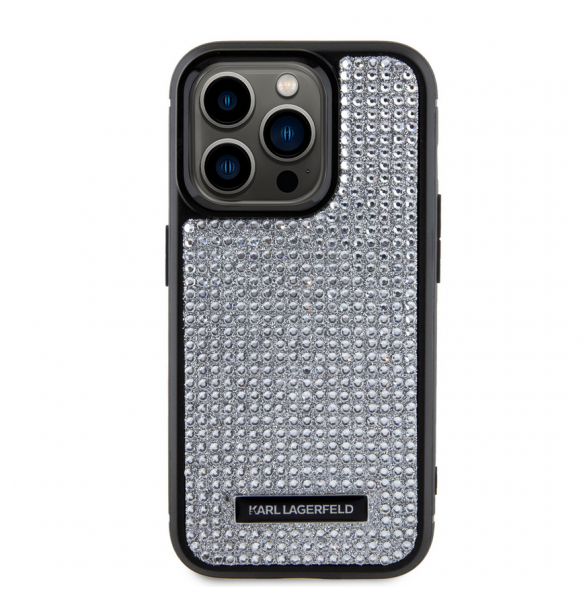 Karl Lagerfeld Rhinestone Plate Metall Logotypfodral till iPhone 15 Pro Silver