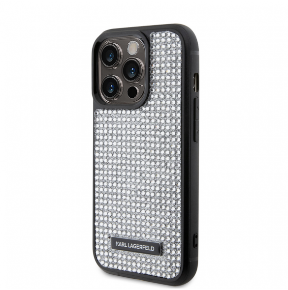 Karl Lagerfeld Rhinestone Plate Metall Logotypfodral till iPhone 15 Pro Silver