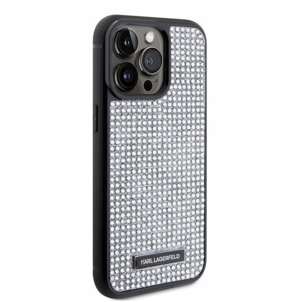Karl Lagerfeld Rhinestone Plate Metall Logotypfodral till iPhone 15 Pro Max Silver