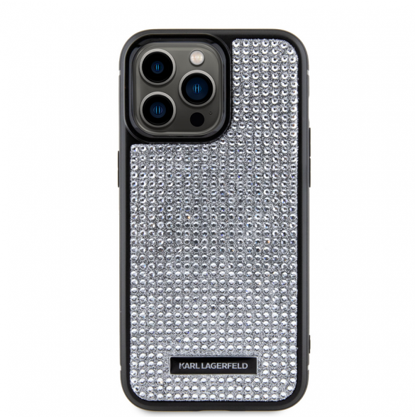 Karl Lagerfeld Rhinestone Plate Metall Logotypfodral till iPhone 15 Pro Max Silver