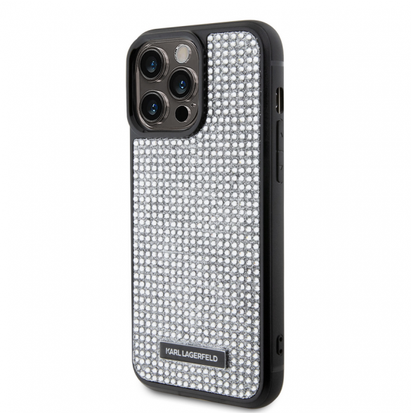 Karl Lagerfeld Rhinestone Plate Metall Logotypfodral till iPhone 15 Pro Max Silver