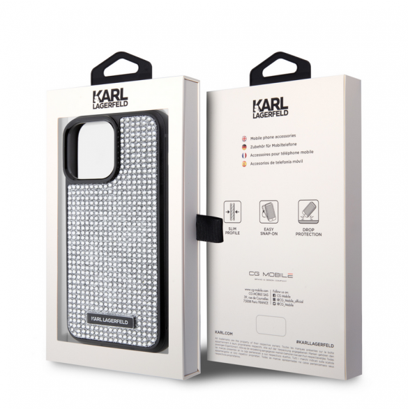 Karl Lagerfeld Rhinestone Plate Metall Logotypfodral till iPhone 15 Pro Max Silver