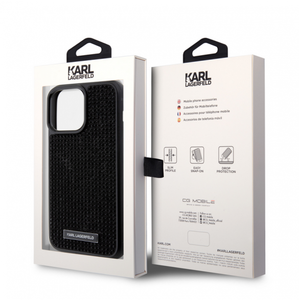Karl Lagerfeld Rhinestone Plate Metall Logotypfodral för iPhone 15 Pro Max Svart