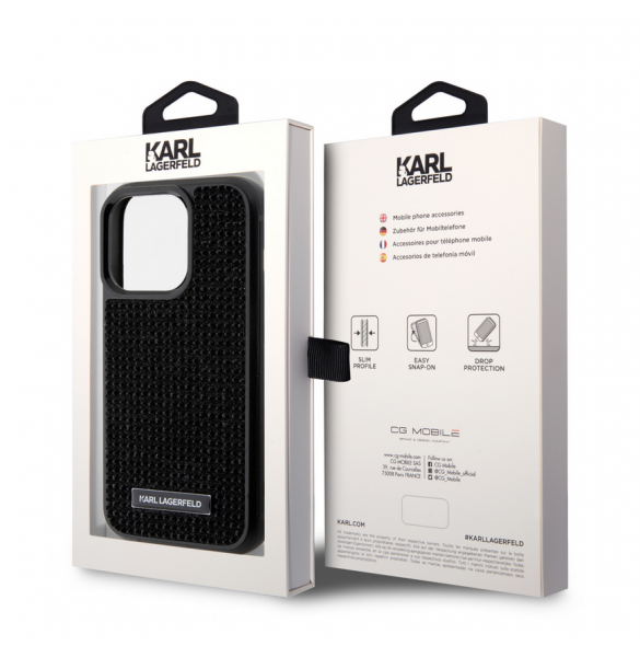 Karl Lagerfeld Rhinestone Plate Metall Logotypfodral för iPhone 15 Pro Svart