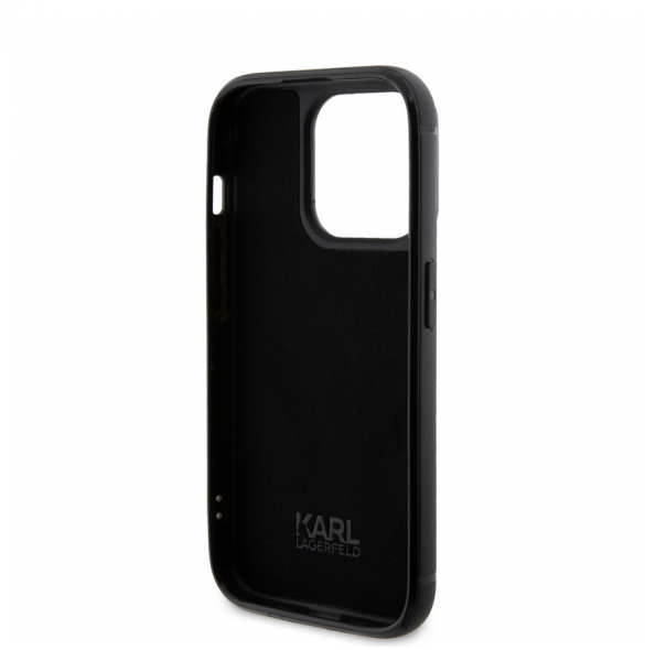 Karl Lagerfeld Rhinestone Plate Metall Logotypfodral för iPhone 15 Pro Svart