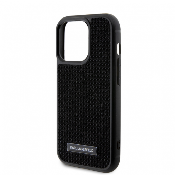 Karl Lagerfeld Rhinestone Plate Metall Logotypfodral för iPhone 15 Pro Svart