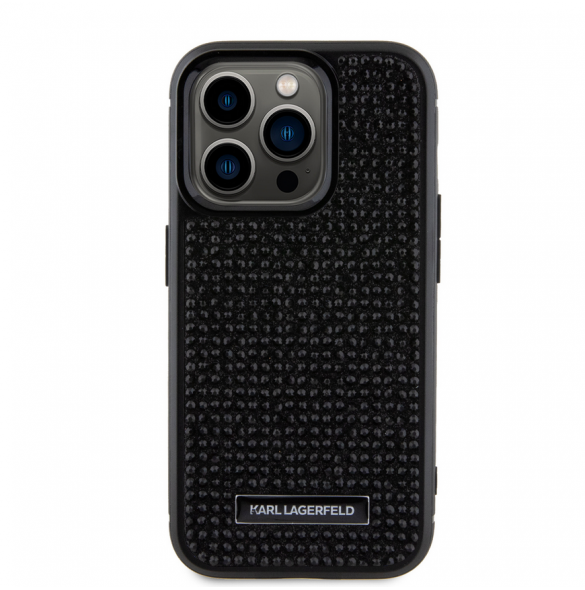 Karl Lagerfeld Rhinestone Plate Metall Logotypfodral för iPhone 15 Pro Svart