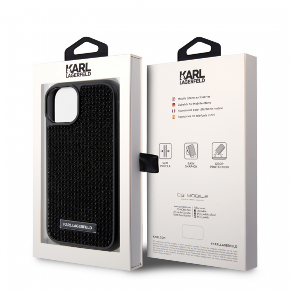 Karl Lagerfeld Rhinestone Plate Metall Logotypfodral till iPhone 15 Svart