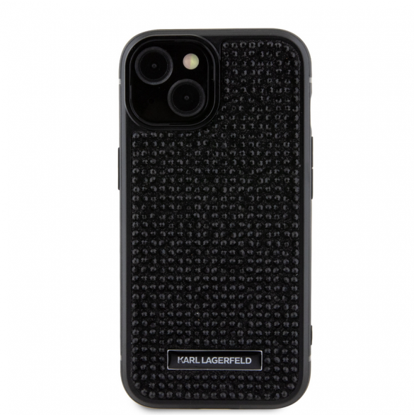 Karl Lagerfeld Rhinestone Plate Metall Logotypfodral till iPhone 15 Svart